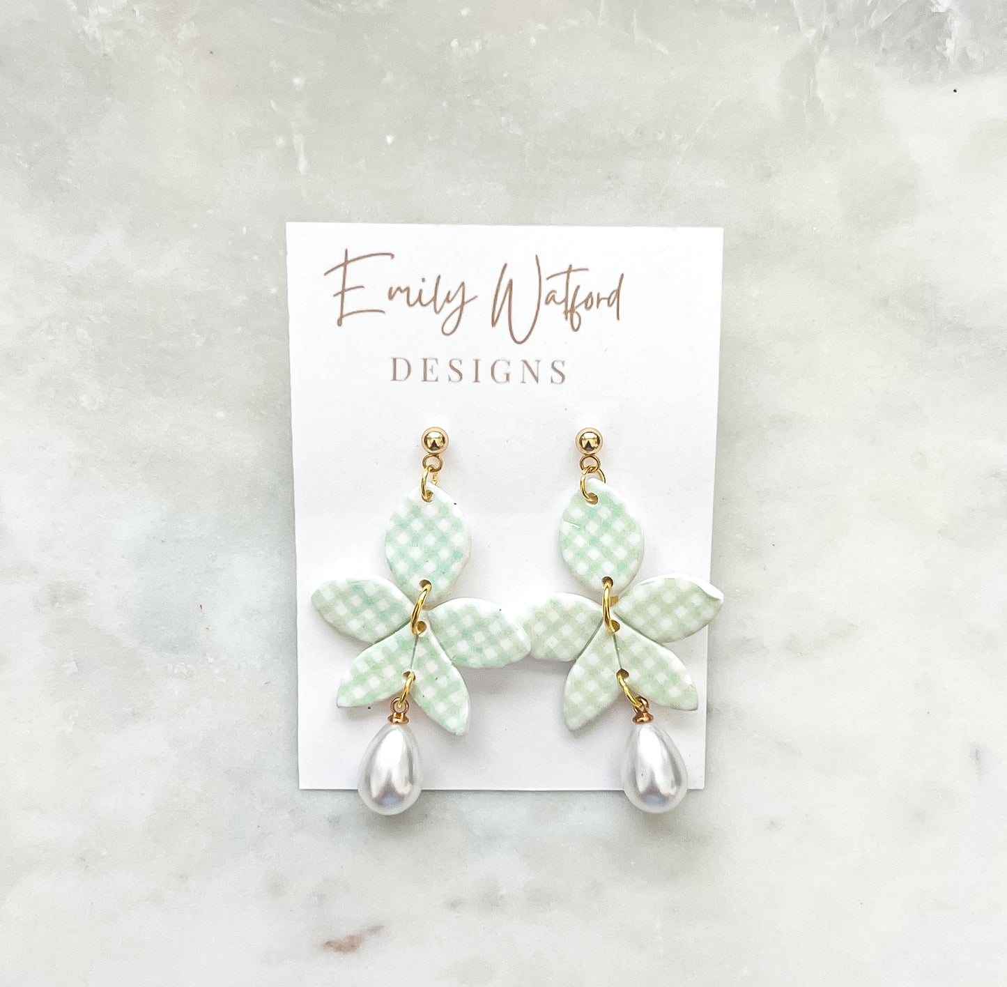 Green Gingham Pearl Drop