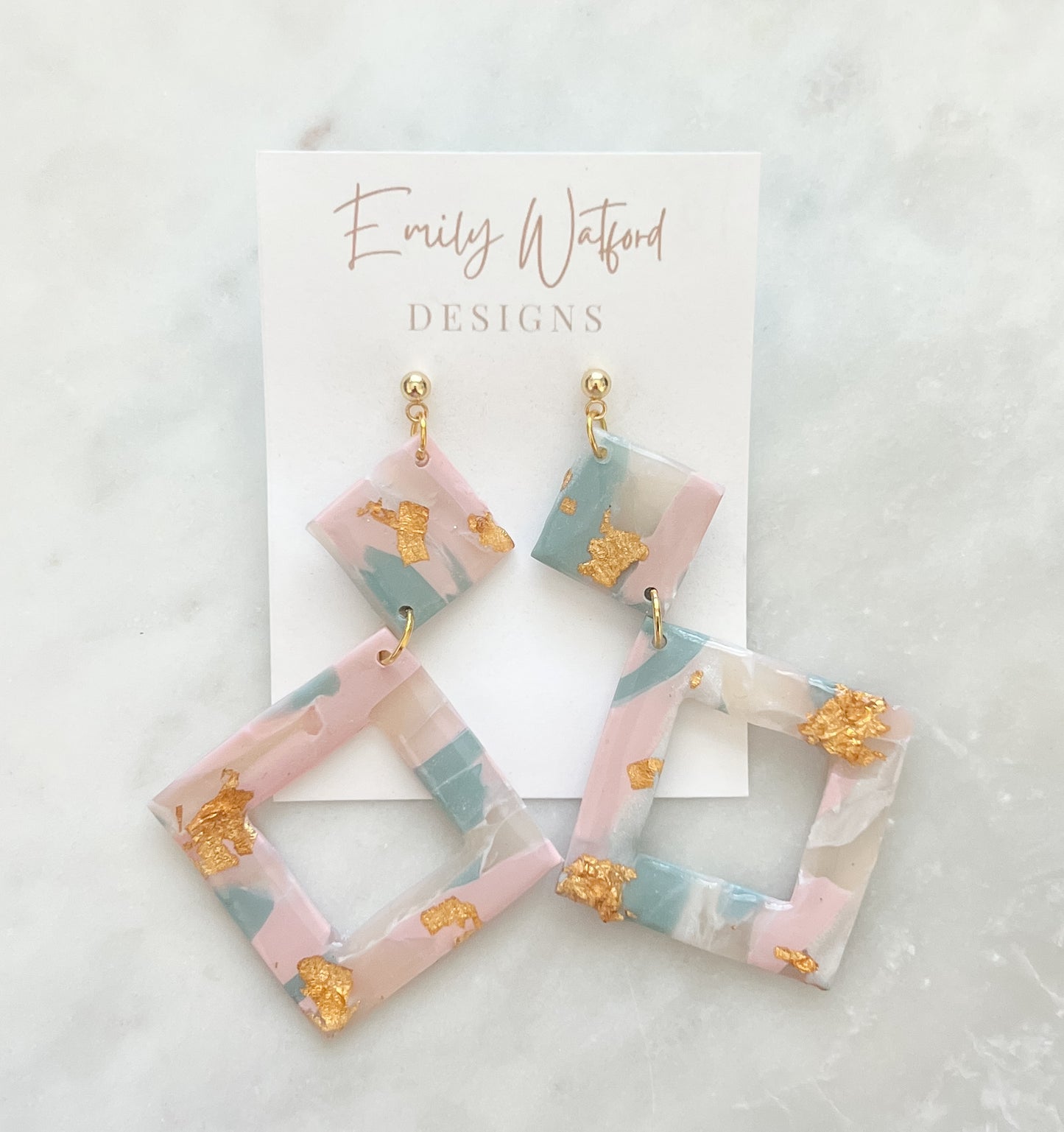 Pink/Sage Mix Square Dangle