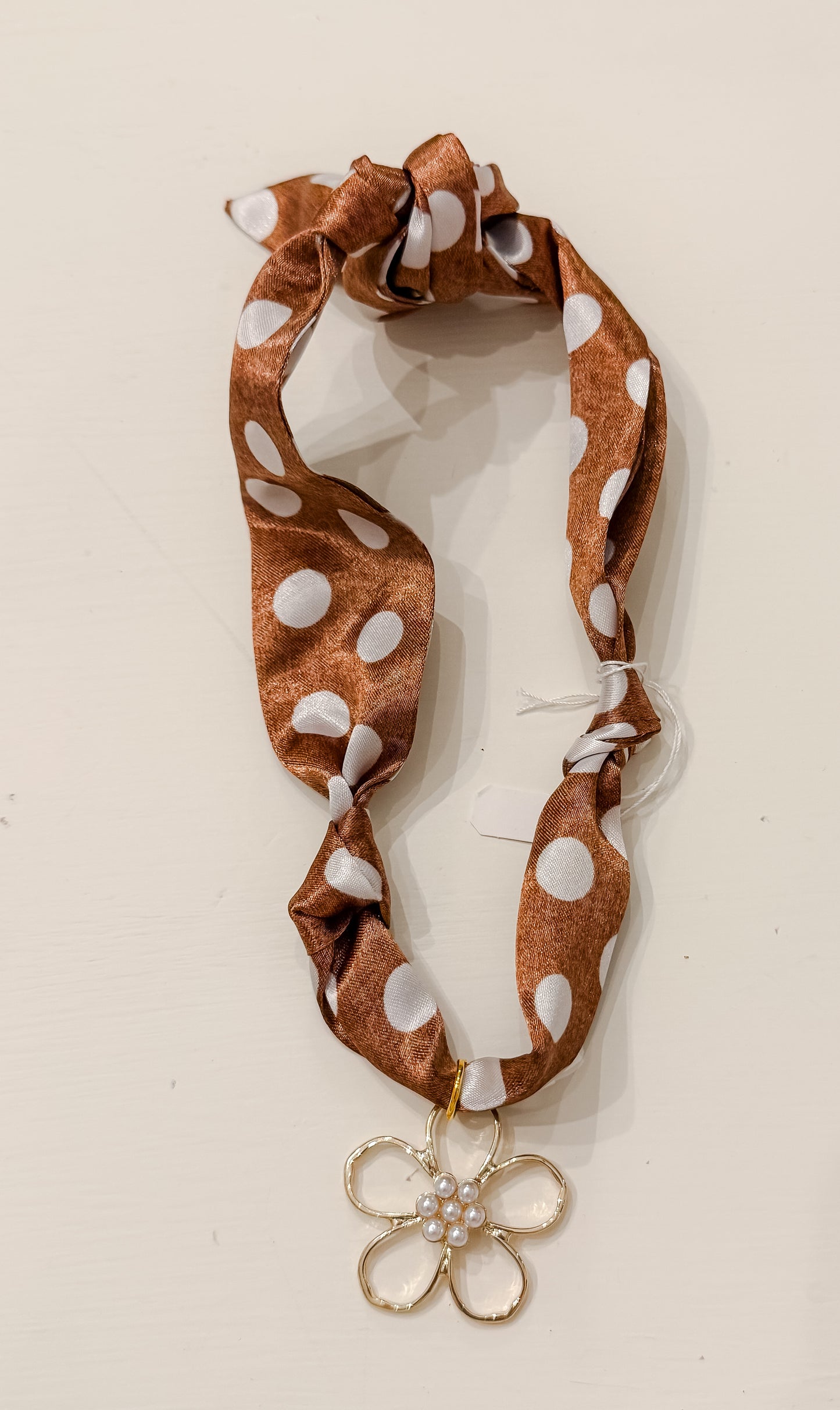 Brown and white polka dot scarf necklace