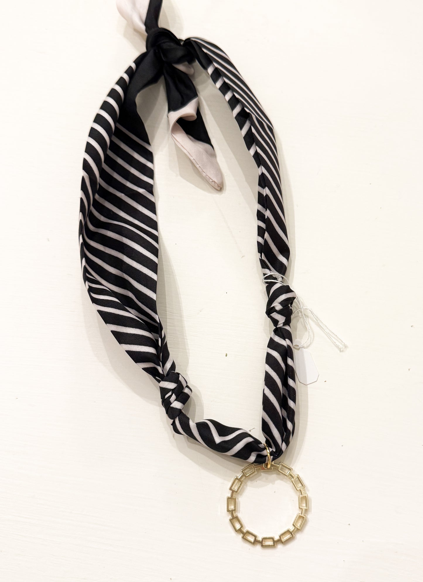 Black and white scarf necklace w gold circle charm