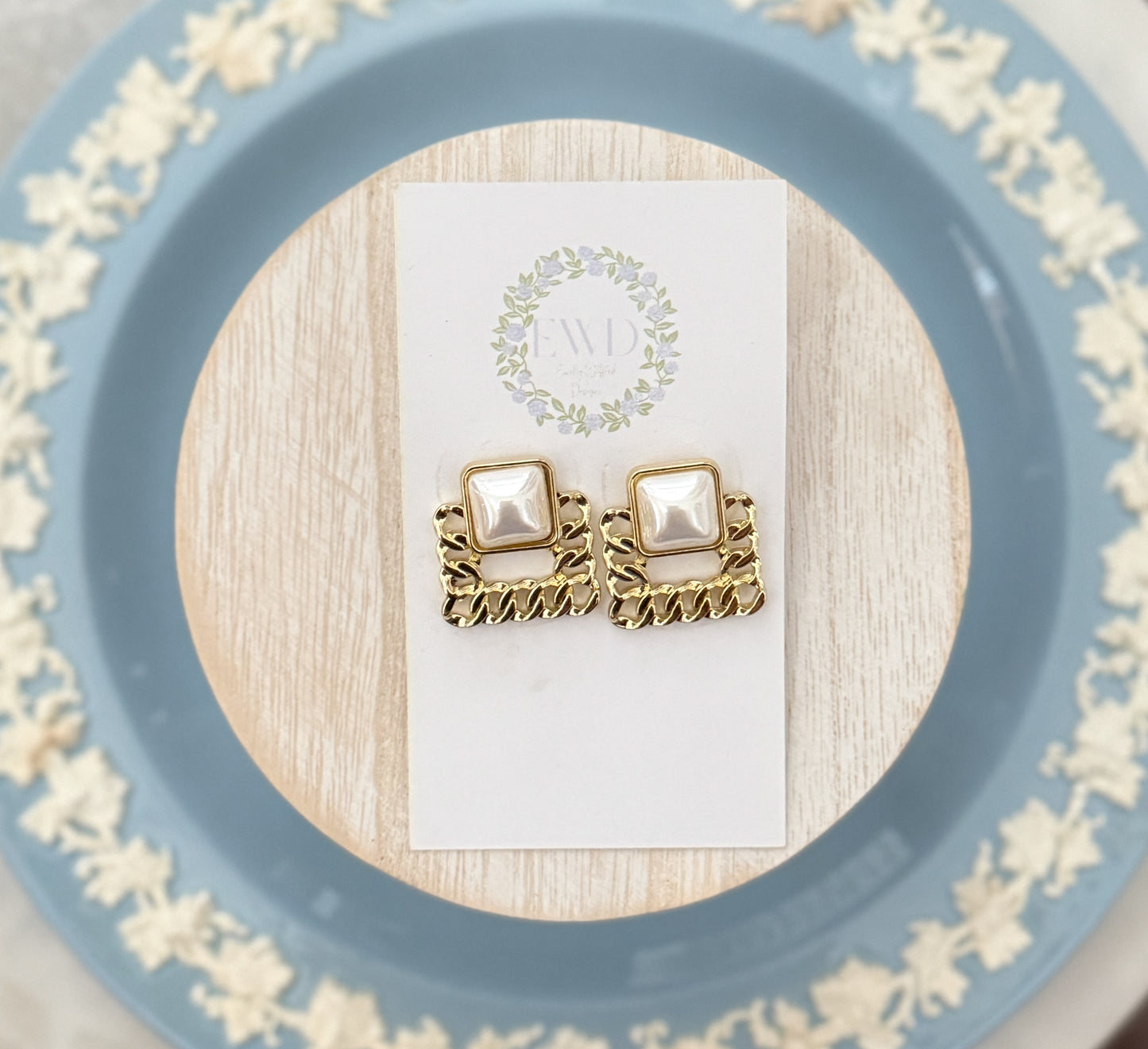 Square Chain Pearl Studs