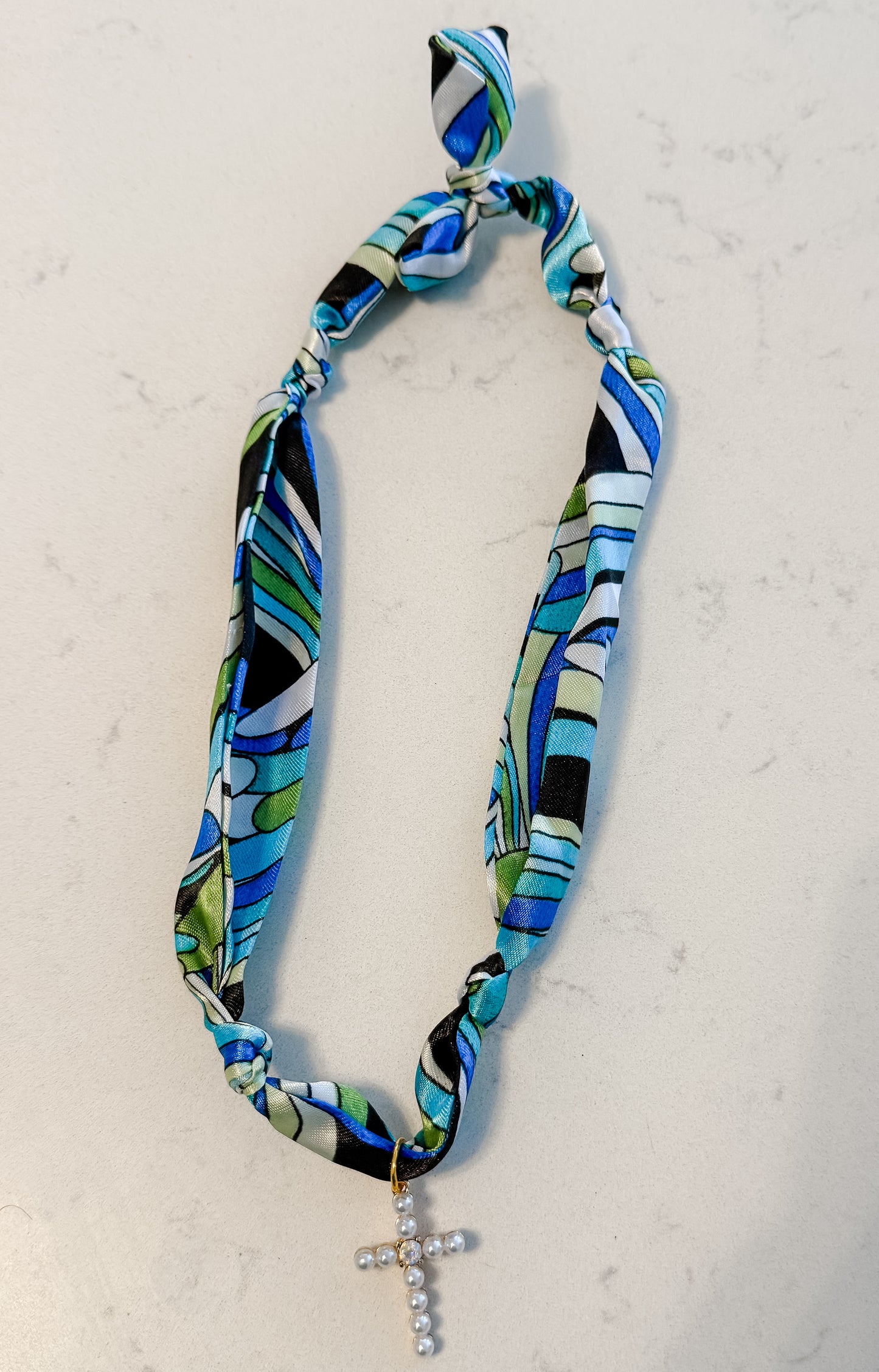 Blue pattern pearl cross scarf necklace