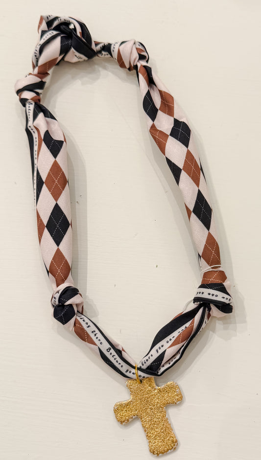Brown tone scarf necklace w cross