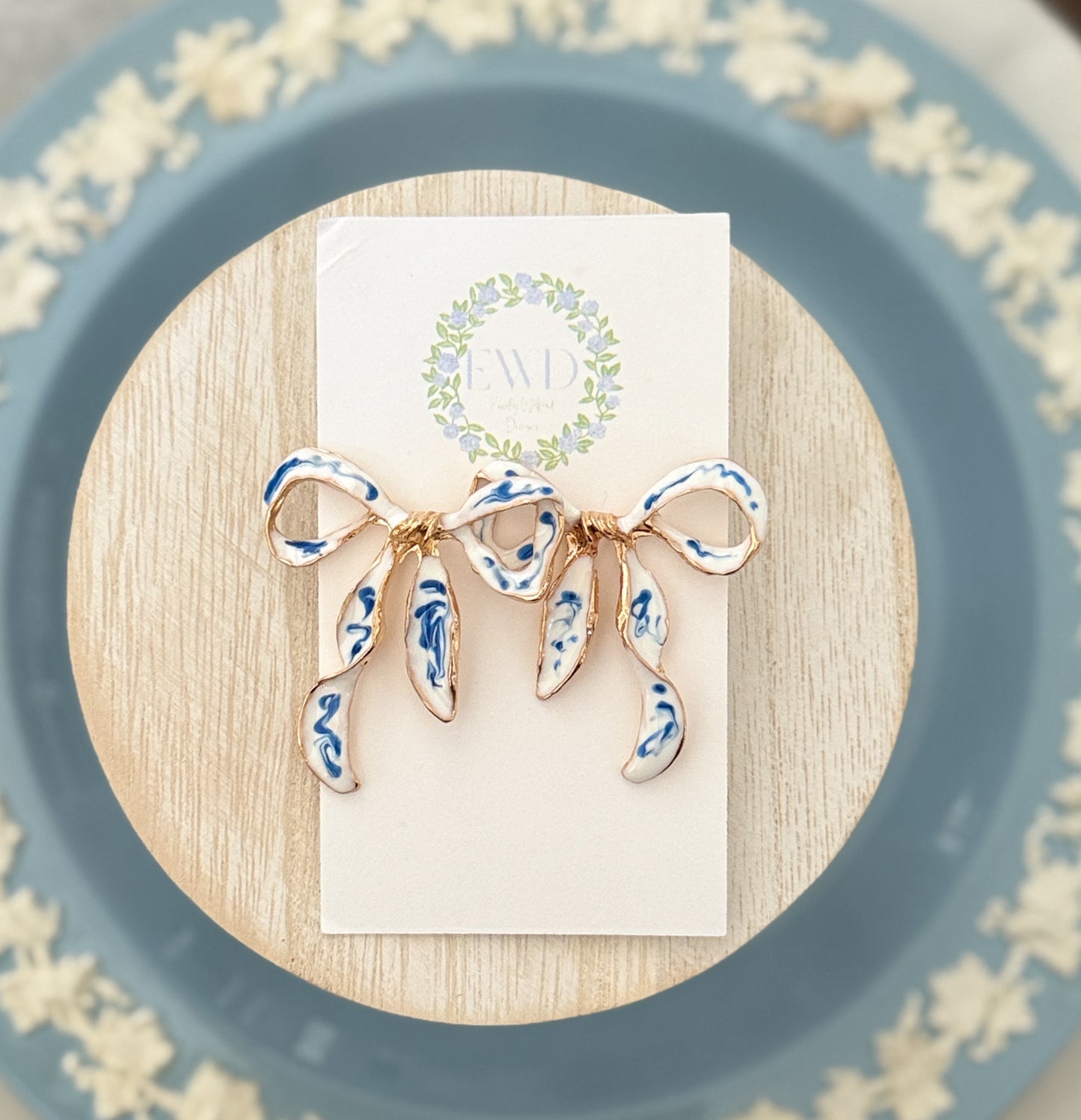 Blue and White Bow Stud