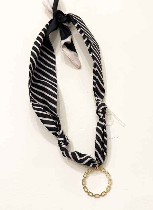 Black and white scarf necklace w gold circle charm