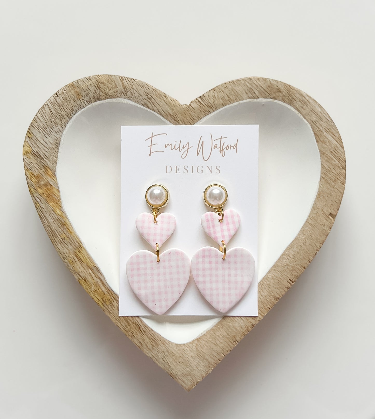 Pink Gingham Heart Dangle - Pearl