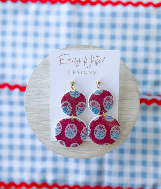 Red Block Print Circle Dangle