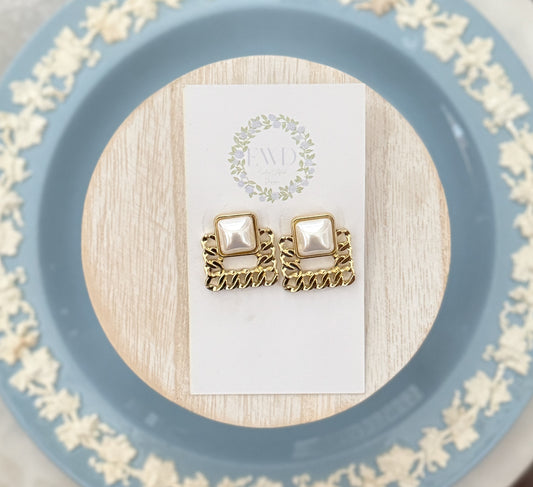 Square Chain Pearl Studs