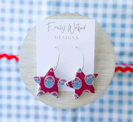 Red Block Print Star Hoop